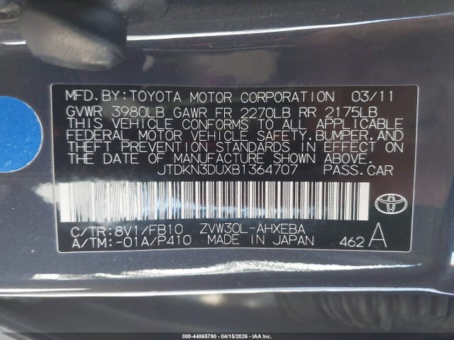 Aukcja sprzedaży 2011 Toyota Prius, vin: JTDKN3DUXB1364707, numer aukcji: 44865790