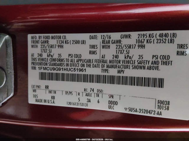44865799 :رقم المزاد ، 1FMCU9G91HUC51961 vin ، 2017 Ford Escape Se مزاد بيع