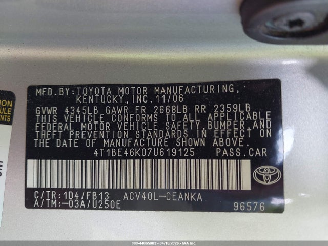 Aukcja sprzedaży 2007 Toyota Camry Le, vin: 4T1BE46K07U619125, numer aukcji: 44865803