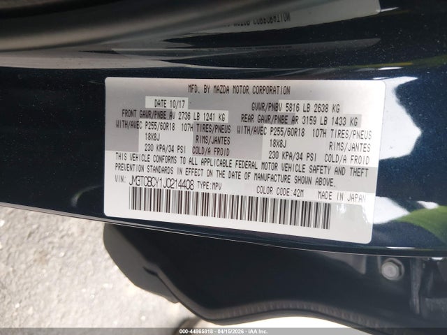 44865818 :رقم المزاد ، JM3TCBCY1J0214408 vin ، 2018 Mazda Cx-9 Touring مزاد بيع