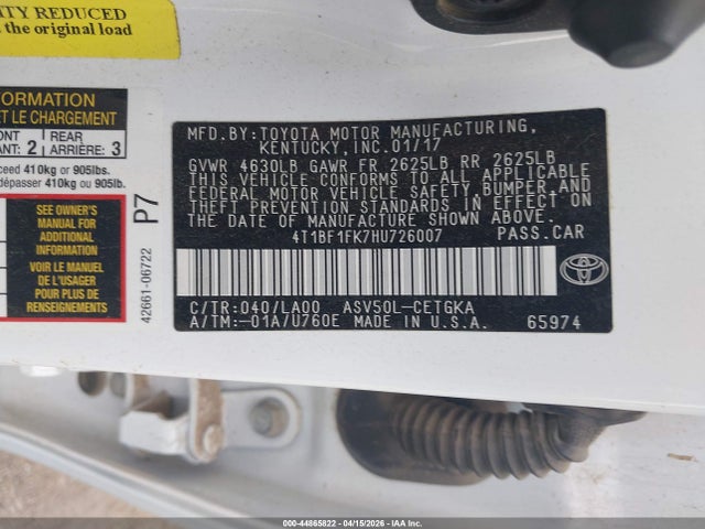 44865822 :رقم المزاد ، 4T1BF1FK7HU726007 vin ، 2017 Toyota Camry Xle مزاد بيع