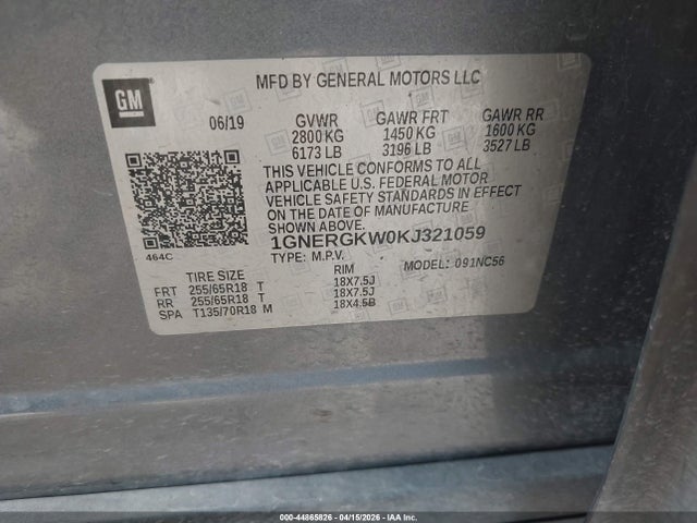 1GNERGKW0KJ321059 Chevrolet Traverse 1lt