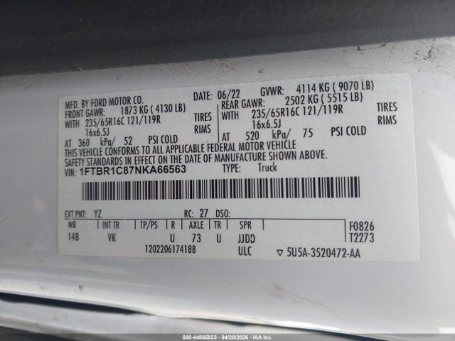 44865833 :رقم المزاد ، 1FTBR1C87NKA66563 vin ، 2022 Ford Transit-250 مزاد بيع