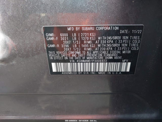 44865834 :رقم المزاد ، 4S4WMAWD1P3406923 vin ، 2023 Subaru Ascent Touring 7-passenger مزاد بيع