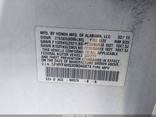 Продаж на аукціоні авто 2013 Honda Pilot Ex-l, vin: 5FNYF4H53DB046874, номер лоту: 44865839