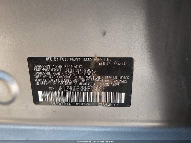 Продажа на аукционе авто 2011 Subaru Impreza Outback Sport, vin: JF1GH6D63BH803663, номер лота: 44865842