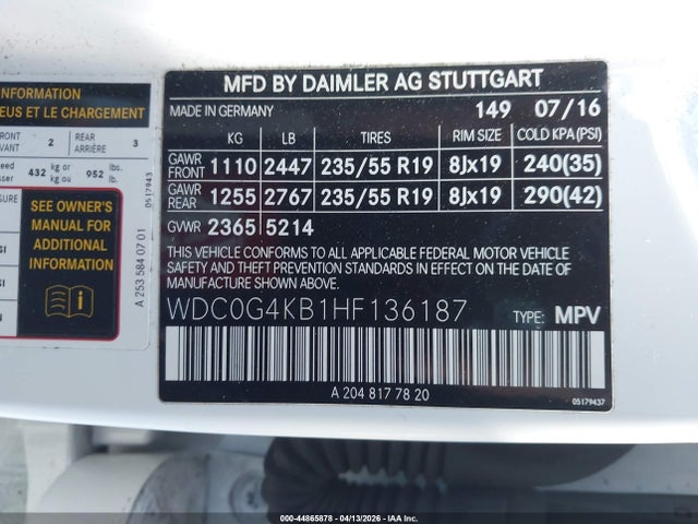 Aukcja sprzedaży 2017 Mercedes-benz Glc 300 4matic, vin: WDC0G4KB1HF136187, numer aukcji: 44865878