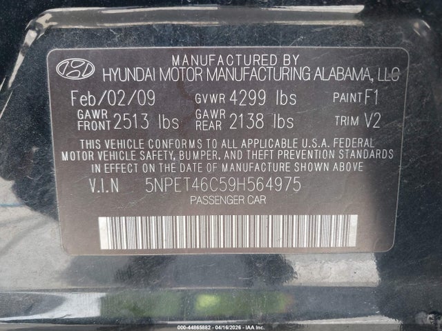 Продажа на аукционе авто 2009 Hyundai Sonata Gls, vin: 5NPET46C59H564975, номер лота: 44865882