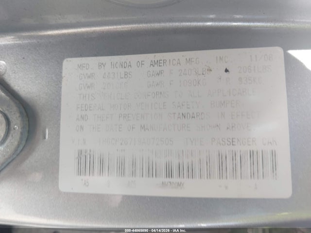 2009 Honda Accord 2.4 Ex მანქანა იყიდება აუქციონზე, vin: 1HGCP26719A072505, აუქციონის ნომერი: 44865890