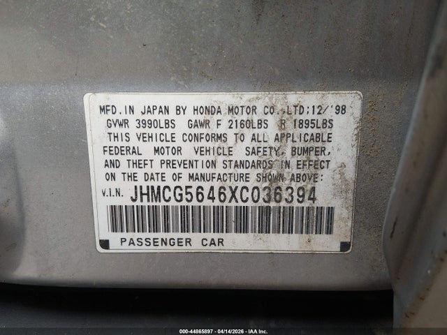 1999 Honda Accord Lx მანქანა იყიდება აუქციონზე, vin: JHMCG5646XC036394, აუქციონის ნომერი: 44865897