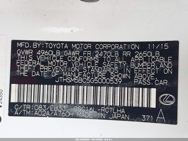 Продажа на аукционе авто 2016 Lexus Rc 300, vin: JTHSM5BC5G5000539, номер лота: 44865900