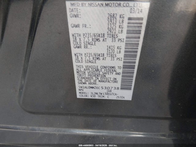 Продажа на аукционе авто 2014 Infiniti Qx60, vin: 5N1AL0MM2EC530738, номер лота: 44865903