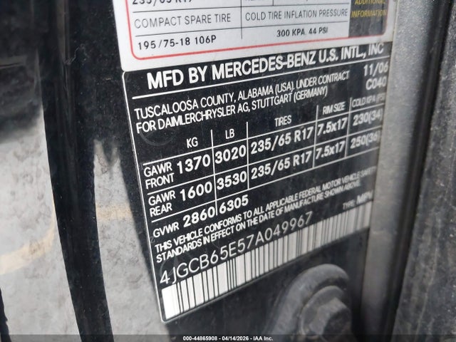 44865908 :رقم المزاد ، 4JGCB65E57A049967 vin ، 2007 Mercedes-benz R 350 4matic مزاد بيع