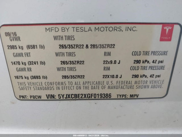 5YJXCBE2XGF019386 Tesla Model X 60d/70d/75d/90d/p100d