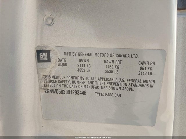 Продажа на аукционе авто 2008 Buick Lacrosse Cx, vin: 2G4WC582081293446, номер лота: 44865936