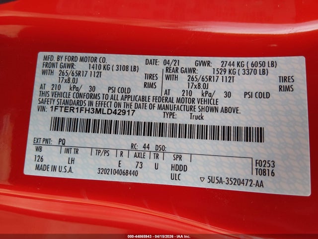 Aukcja sprzedaży 2021 Ford Ranger Xl, vin: 1FTER1FH3MLD42917, numer aukcji: 44865943