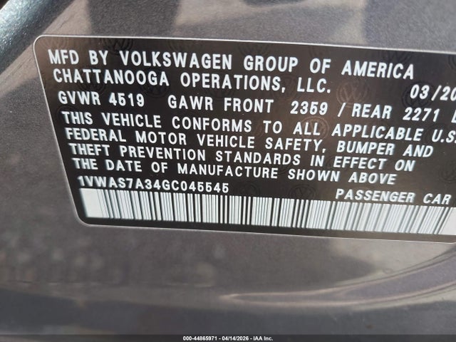 44865971 :رقم المزاد ، 1VWAS7A34GC045545 vin ، 2016 Volkswagen Passat 1.8t S مزاد بيع