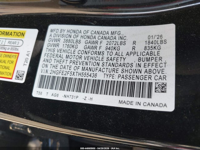 Продажа на аукционе авто 2026 Honda Civic Sport, vin: 2HGFE2F5XTH555436, номер лота: 44865988