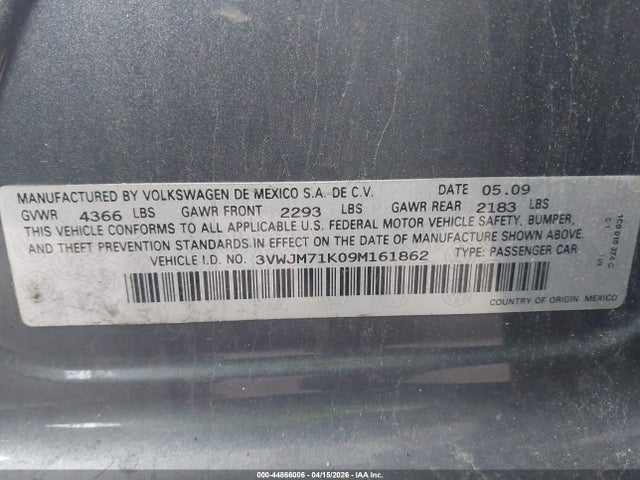 Продаж на аукціоні авто 2009 Volkswagen Jetta S, vin: 3VWJM71K09M161862, номер лоту: 44866006