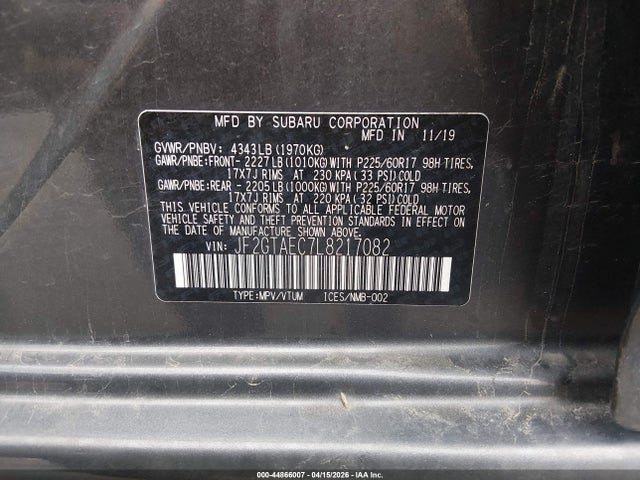 Aukcja sprzedaży 2020 Subaru Crosstrek Premium, vin: JF2GTAEC7L8217082, numer aukcji: 44866007