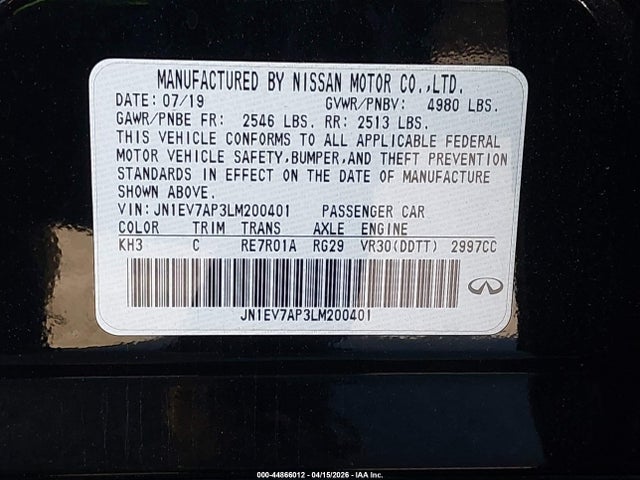 44866012 :رقم المزاد ، JN1EV7AP3LM200401 vin ، 2020 Infiniti Q50 Luxe مزاد بيع