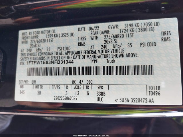 Ford F-150 Lariat 2022 1FTFW1E83NFB31344 Image 9