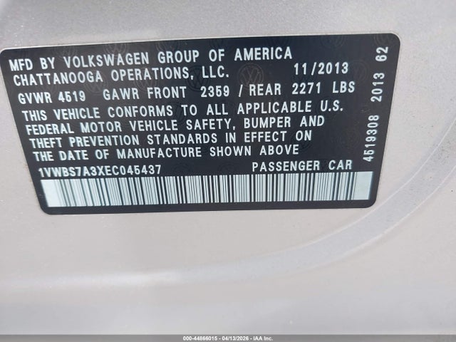 2014 Volkswagen Passat 1.8t Se მანქანა იყიდება აუქციონზე, vin: 1VWBS7A3XEC045437, აუქციონის ნომერი: 44866015
