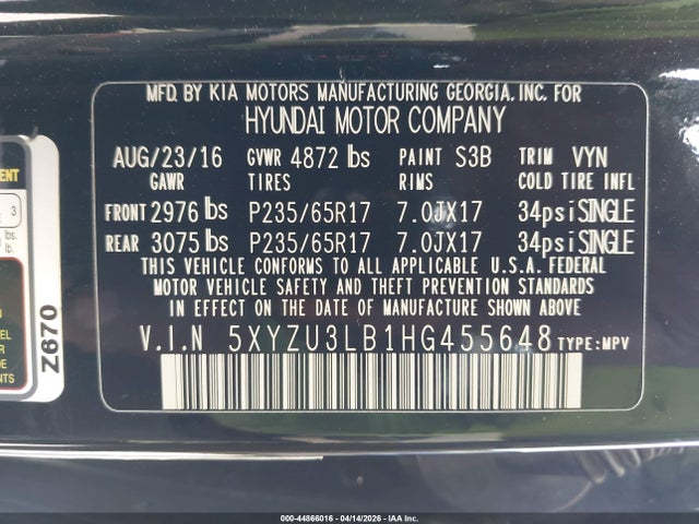 Aukcja sprzedaży 2017 Hyundai Santa Fe Sport 2.4l, vin: 5XYZU3LB1HG455648, numer aukcji: 44866016