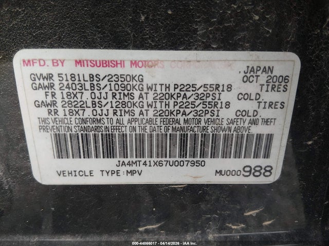 Aukcja sprzedaży 2007 Mitsubishi Outlander Xls, vin: JA4MT41X67U007950, numer aukcji: 44866017