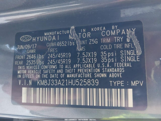 KM8J33A21HU525839 Hyundai Tucson Sport