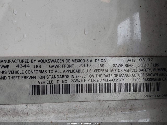 Продаж на аукціоні авто 2007 Volkswagen Jetta Wolfsburg Edition, vin: 3VWEF71K97M148293, номер лоту: 44866028
