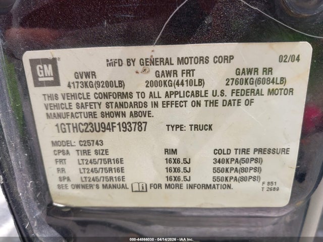 Aukcja sprzedaży 2004 Gmc Sierra 2500hd Slt, vin: 1GTHC23U94F193787, numer aukcji: 44866030