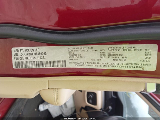 Auction sale of the 2021 Jeep Grand Cherokee L Limited 4x4, vin: 1C4RJKBGXM8189760, lot number: 44866044