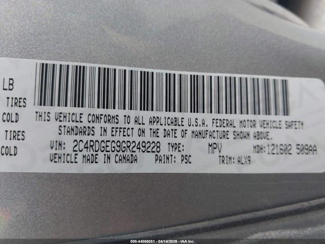 44866051 :رقم المزاد ، 2C4RDGEG9GR249228 vin ، 2016 Dodge Grand Caravan R/t مزاد بيع