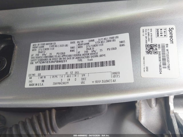 Aukcja sprzedaży 2019 Ford F-150 Platinum, vin: 1FTEW1E53KFB90231, numer aukcji: 44866052