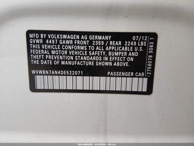 44866059 :رقم المزاد ، WVWBN7AN4DE522071 vin ، 2013 Volkswagen Cc 2.0t Sport مزاد بيع