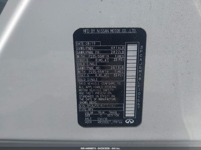 Aukcja sprzedaży 2020 Infiniti Qx50 Luxe, vin: 3PCAJ5M18LF101567, numer aukcji: 44866074