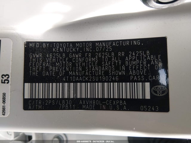 Продажа на аукционе авто 2025 Toyota Camry Xse, vin: 4T1DAACK2SU190246, номер лота: 44866079