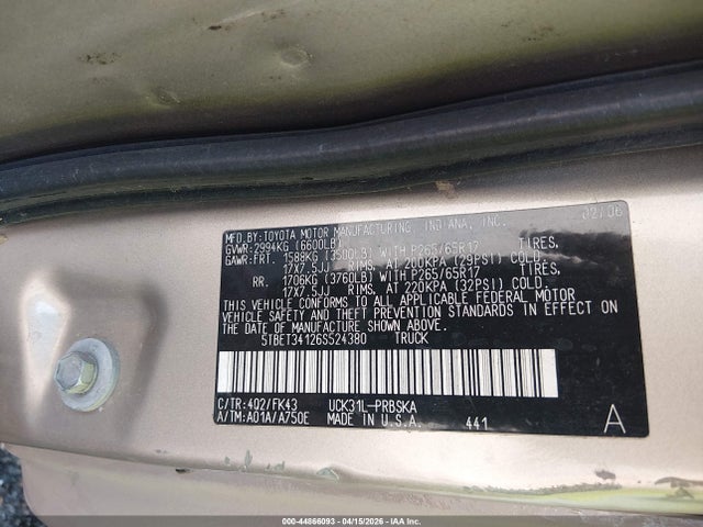 Aukcja sprzedaży 2006 Toyota Tundra Sr5 V8, vin: 5TBET34126S524380, numer aukcji: 44866093