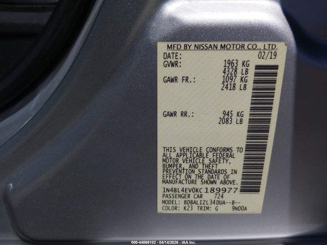 Aukcja sprzedaży 2019 Nissan Altima 2.5 Sl, vin: 1N4BL4EV0KC189977, numer aukcji: 44866102