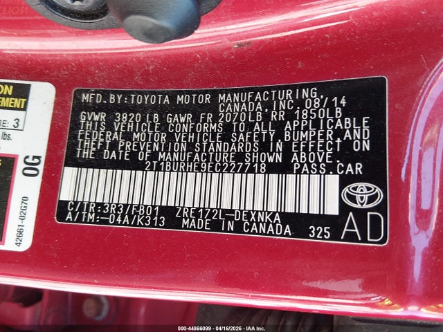 2014 Toyota Corolla Le მანქანა იყიდება აუქციონზე, vin: 2T1BURHE9EC227718, აუქციონის ნომერი: 44866099