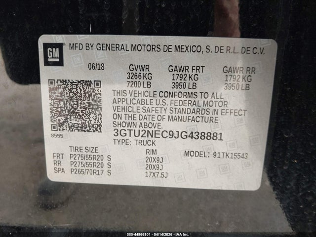 Aukcja sprzedaży 2018 Gmc Sierra 1500 Slt, vin: 3GTU2NEC9JG438881, numer aukcji: 44866101