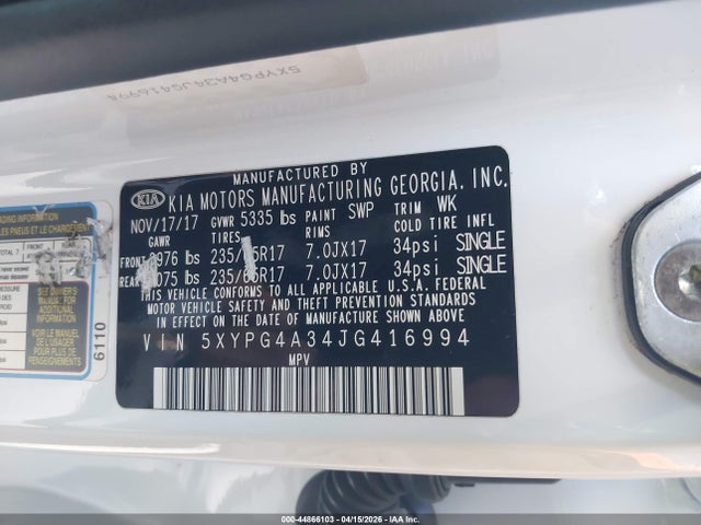 5XYPG4A34JG416994 KIA Sorento 2.4l Lx