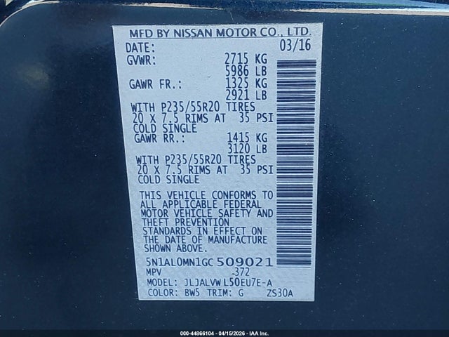 Продажа на аукционе авто 2016 Infiniti Qx60, vin: 5N1AL0MN1GC509021, номер лота: 44866104