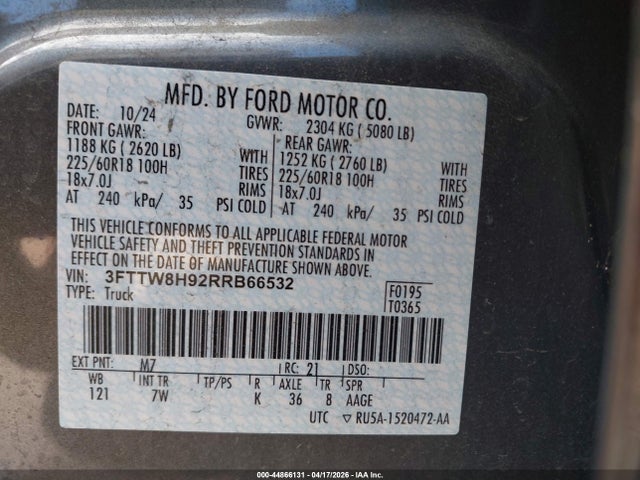2024 Ford Maverick Xlt მანქანა იყიდება აუქციონზე, vin: 3FTTW8H92RRB66532, აუქციონის ნომერი: 44866131