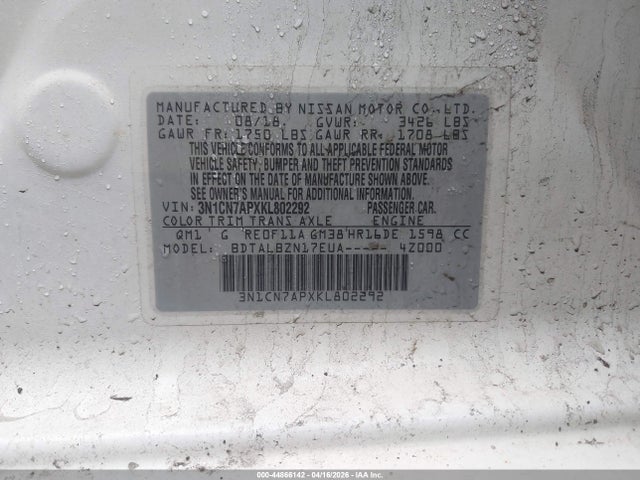 44866142 :رقم المزاد ، 3N1CN7APXKL802292 vin ، 2019 Nissan Versa 1.6 Sv مزاد بيع