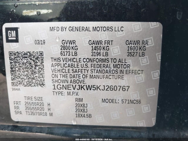 Aukcja sprzedaży 2019 Chevrolet Traverse Rs, vin: 1GNEVJKW5KJ260767, numer aukcji: 44866168
