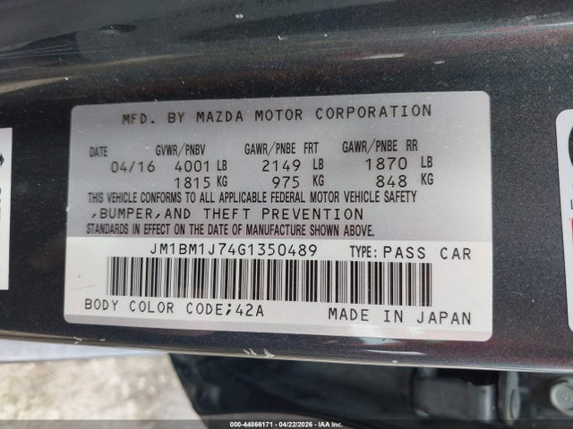 Aukcja sprzedaży 2016 Mazda Mazda3 I Sport, vin: JM1BM1J74G1350489, numer aukcji: 44866171