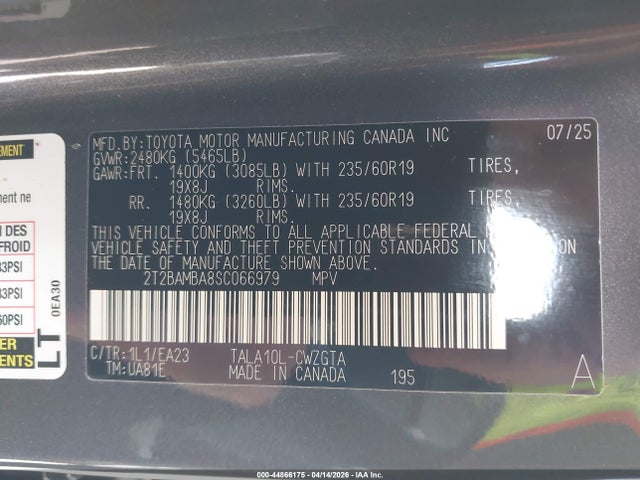 44866175 :رقم المزاد ، 2T2BAMBA8SC066979 vin ، 2025 Lexus Rx 350 مزاد بيع