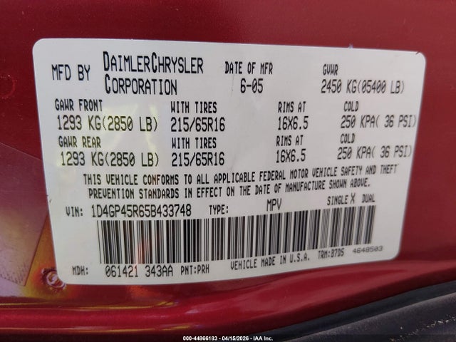 Aukcja sprzedaży 2005 Dodge Caravan Sxt, vin: 1D4GP45R65B433748, numer aukcji: 44866183